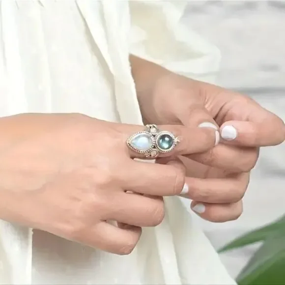 Vintage Style Silver Plated Rings  Moonstone and Labradorite Gemstone - Picture 6 of 12